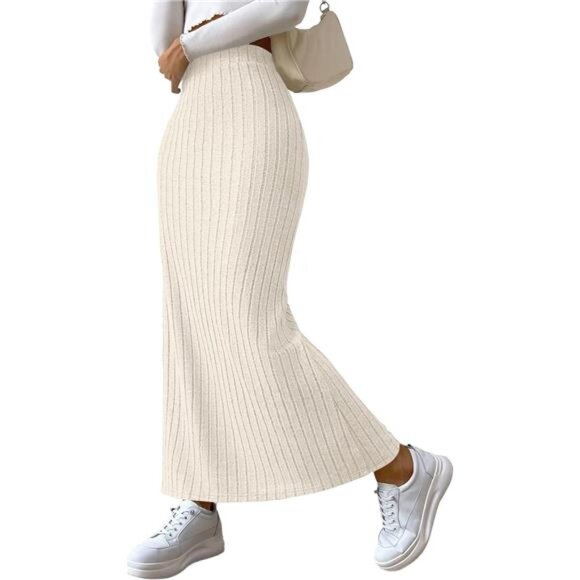 Women's Side Slit Ribbed Knit Bodycon Long Skirts Cream - Picture 1 of 5
